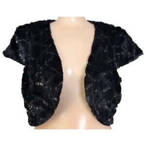 Black Faux Fur Shrug Bolero Jacket Large Sequin Y2K Glam Party Evening Going Out